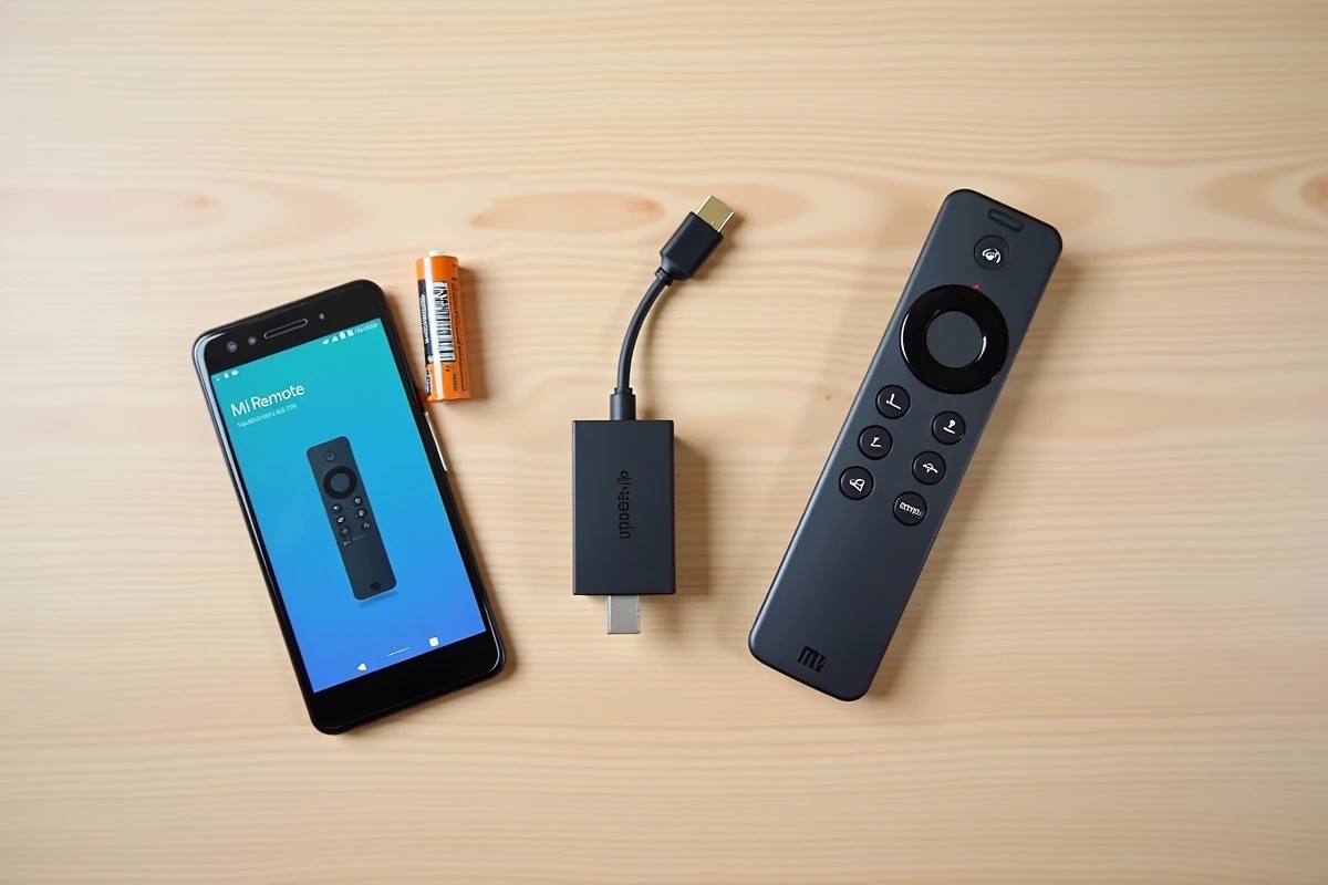 Accessoires du Xiaomi Mi TV Stick disposés en flat lay : télécommande, câble HDMI et application smartphone pour la TNT