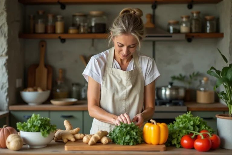 Femme préparant des aliments naturels bénéfiques pour la santé du pancréas dans une cuisine rustique