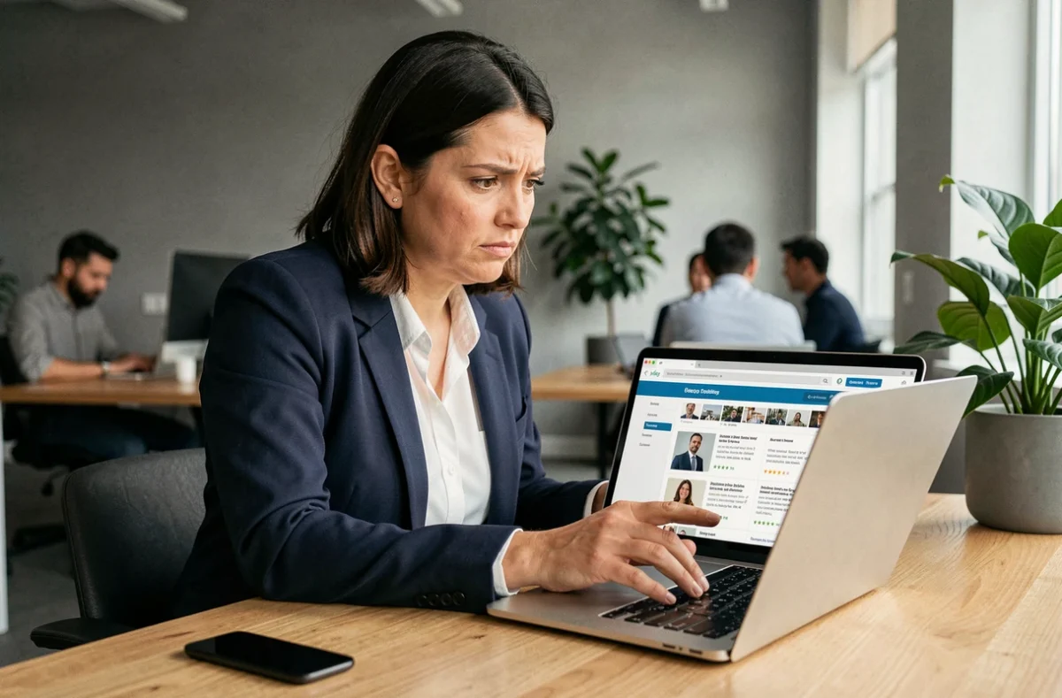 Femme analysant des avis clients sur un site web controversé depuis son bureau professionnel