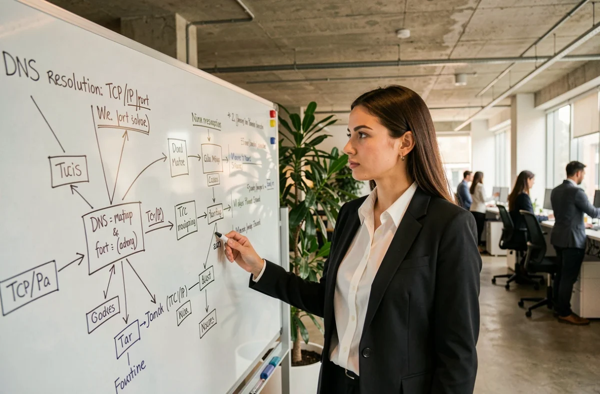 Analyste en cybersécurité expliquant la résolution DNS et la cartographie des ports TCP sur un tableau blanc dans un bureau technologique moderne