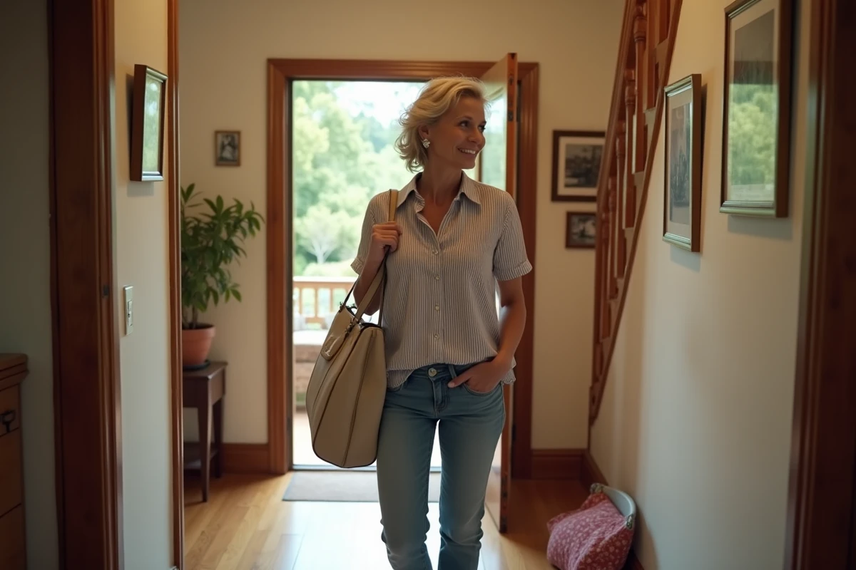 Femme arrivant dans une maison en échange lors de ses vacances, découvrant son nouveau logement temporaire