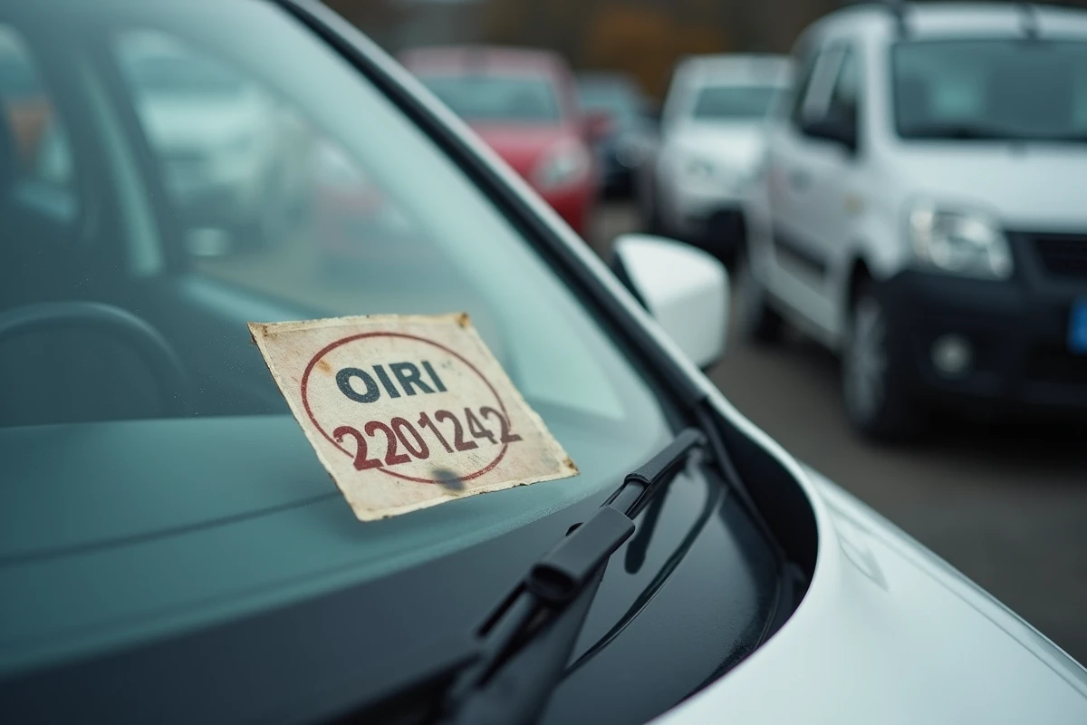 Gros plan sur un autocollant de contrôle technique périmé sur le pare-brise d'une voiture garée dans un parking