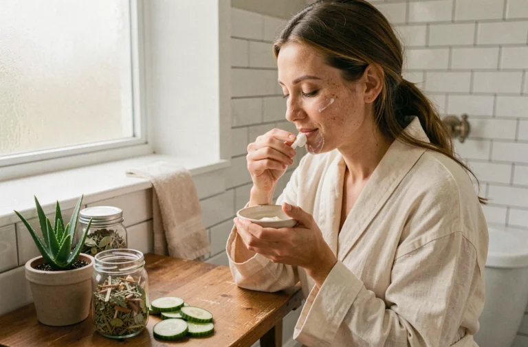 Femme trentenaire sans maquillage appliquant un masque visage naturel fait maison dans une salle de bain lumineuse avec des ingrédients naturels