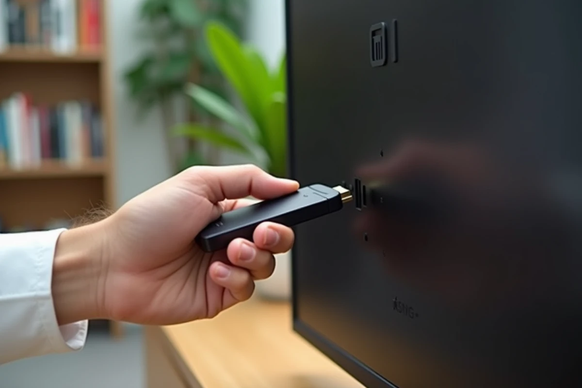 Branchement d'un Xiaomi Mi TV Stick sur le port HDMI d'une télévision pour accéder aux chaînes TNT