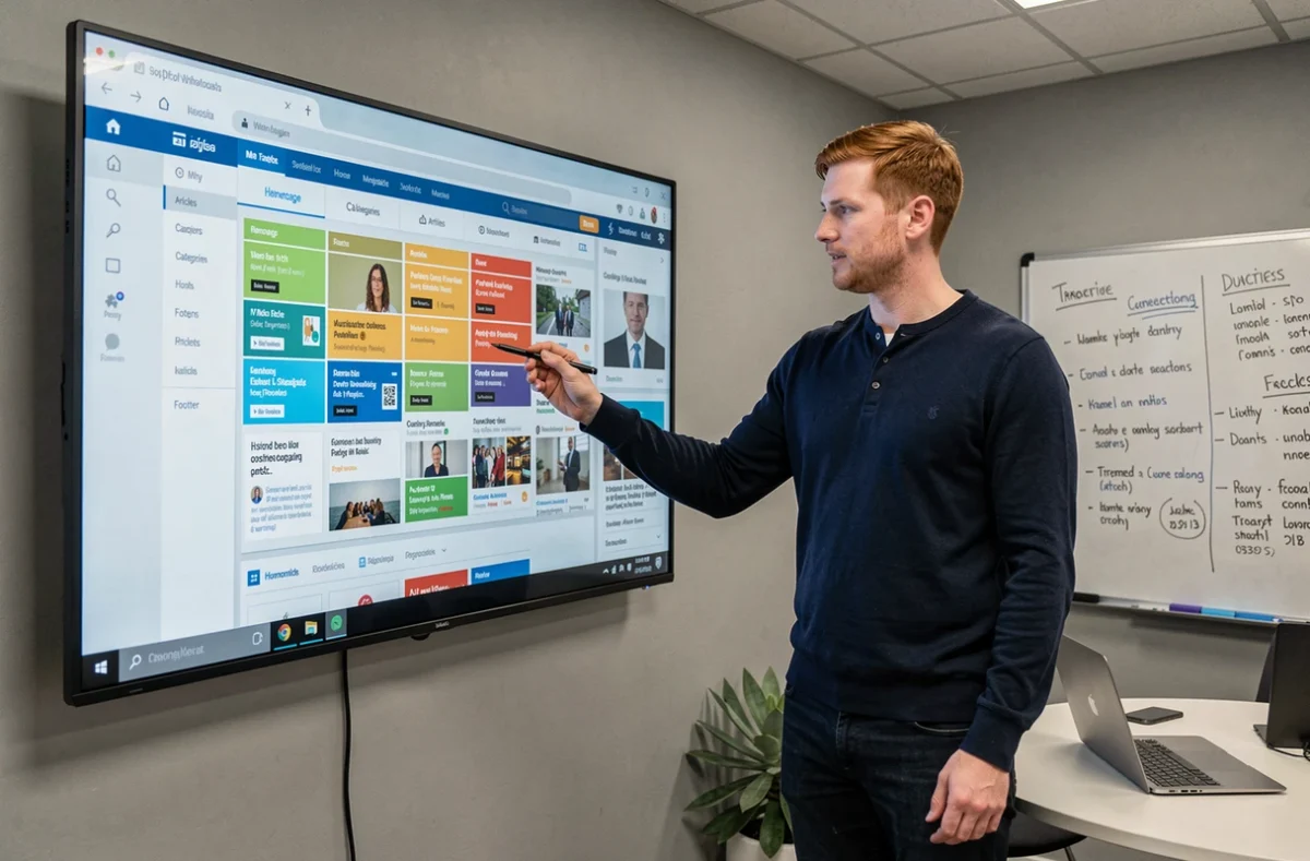 Développeur web présentant la carte de structure d'un magazine en ligne sur un grand écran dans une salle de réunion d'agence digitale