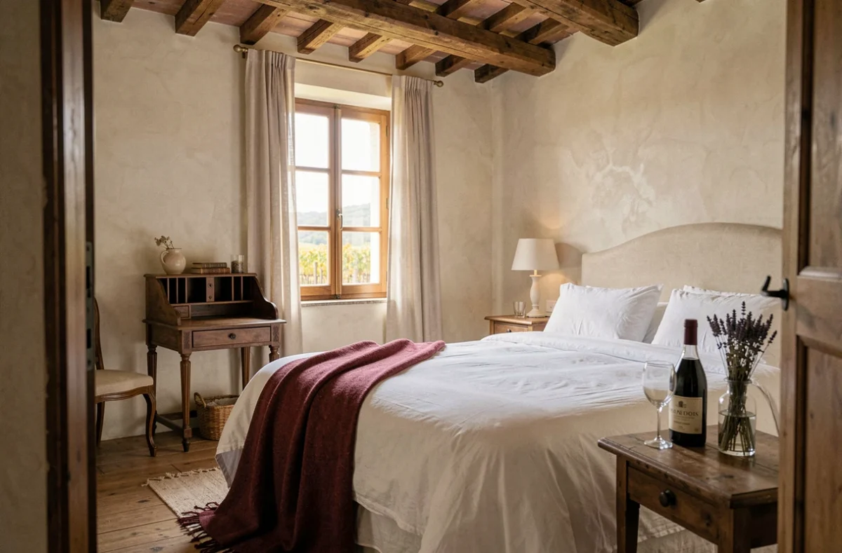 Chambre d'hôtes authentique avec poutres apparentes et vue sur les vignes à Gevrey-Chambertin en Bourgogne