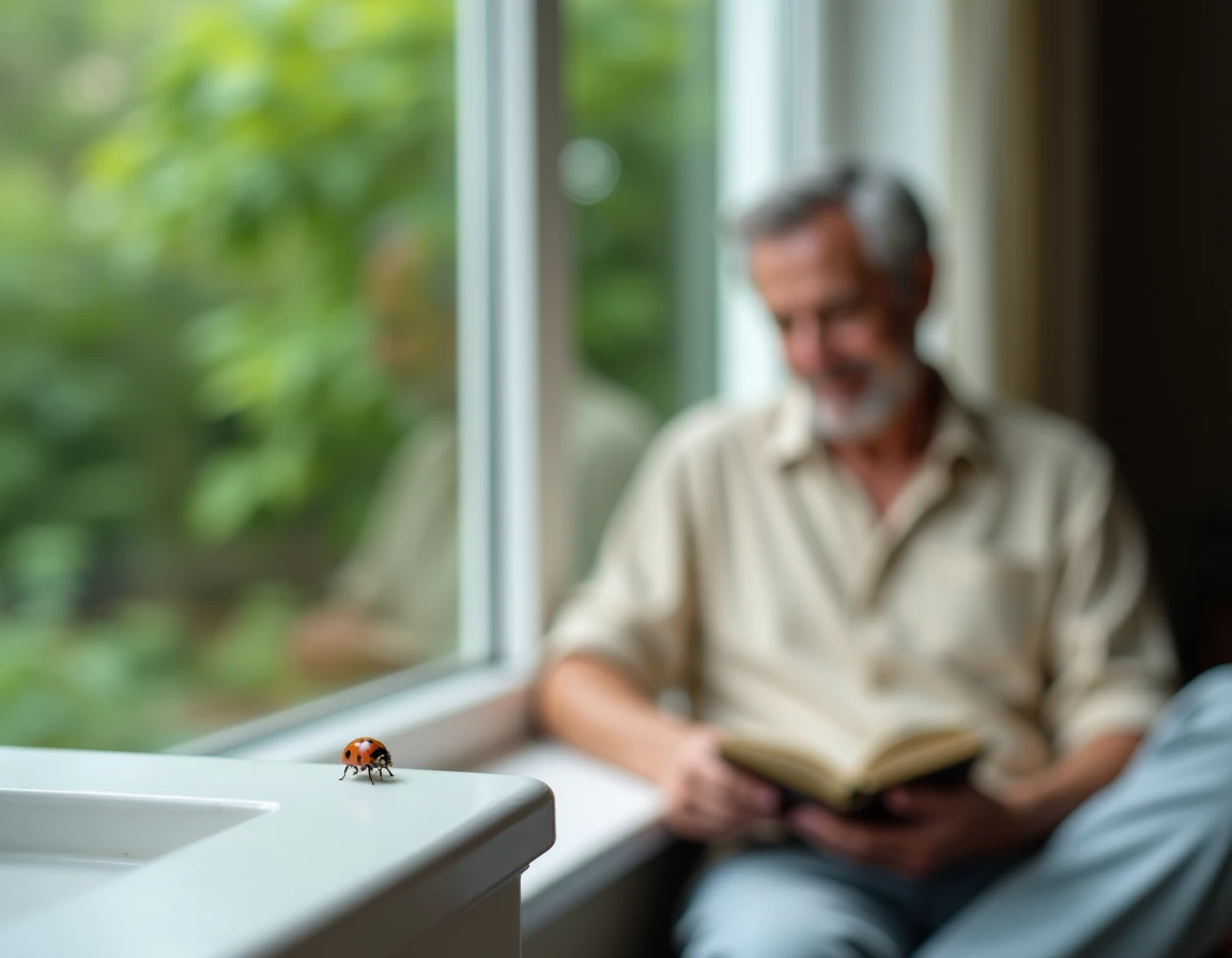 Coccinelle sur le rebord d'une fenêtre avec un homme contemplant l'insecte, signe spirituel dans l'intérieur