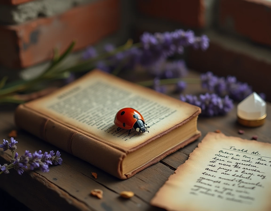 Coccinelle sur un vieux livre entouré de cristaux et de lavande, évoquant la symbolique spirituelle à la maison