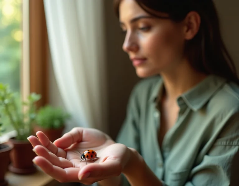 Coccinelle posée sur la paume d'une femme près d'une fenêtre, symbolisant un signe spirituel dans la maison
