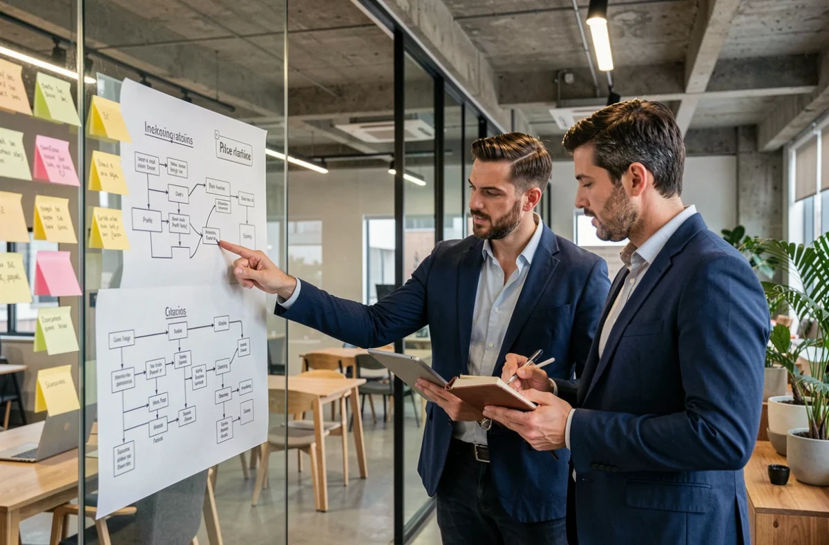 Deux cadres collaborant sur des processus de gouvernance dans un espace de travail moderne en lien avec le bureau propriétaire ITEA
