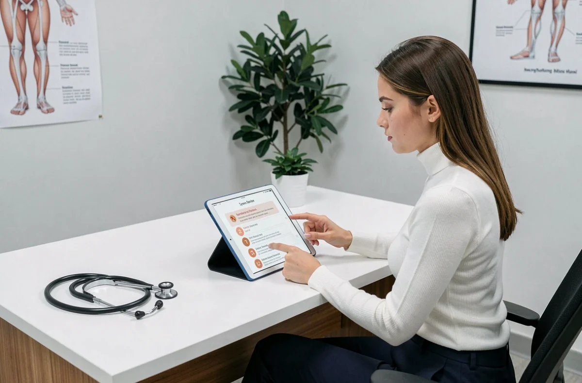 Jeune femme en consultation médicale consultant une liste de symptômes Covid et rhume sur une tablette en 2026