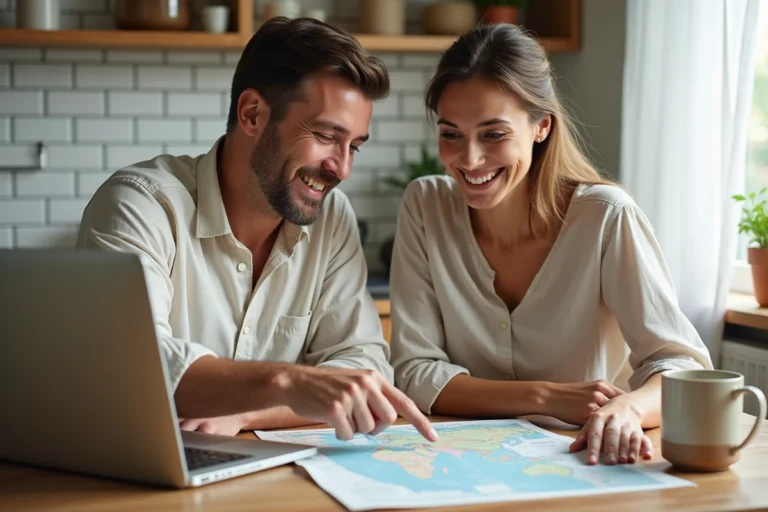 Couple préparant un échange de maison autour d'une table de cuisine avec des documents et une carte