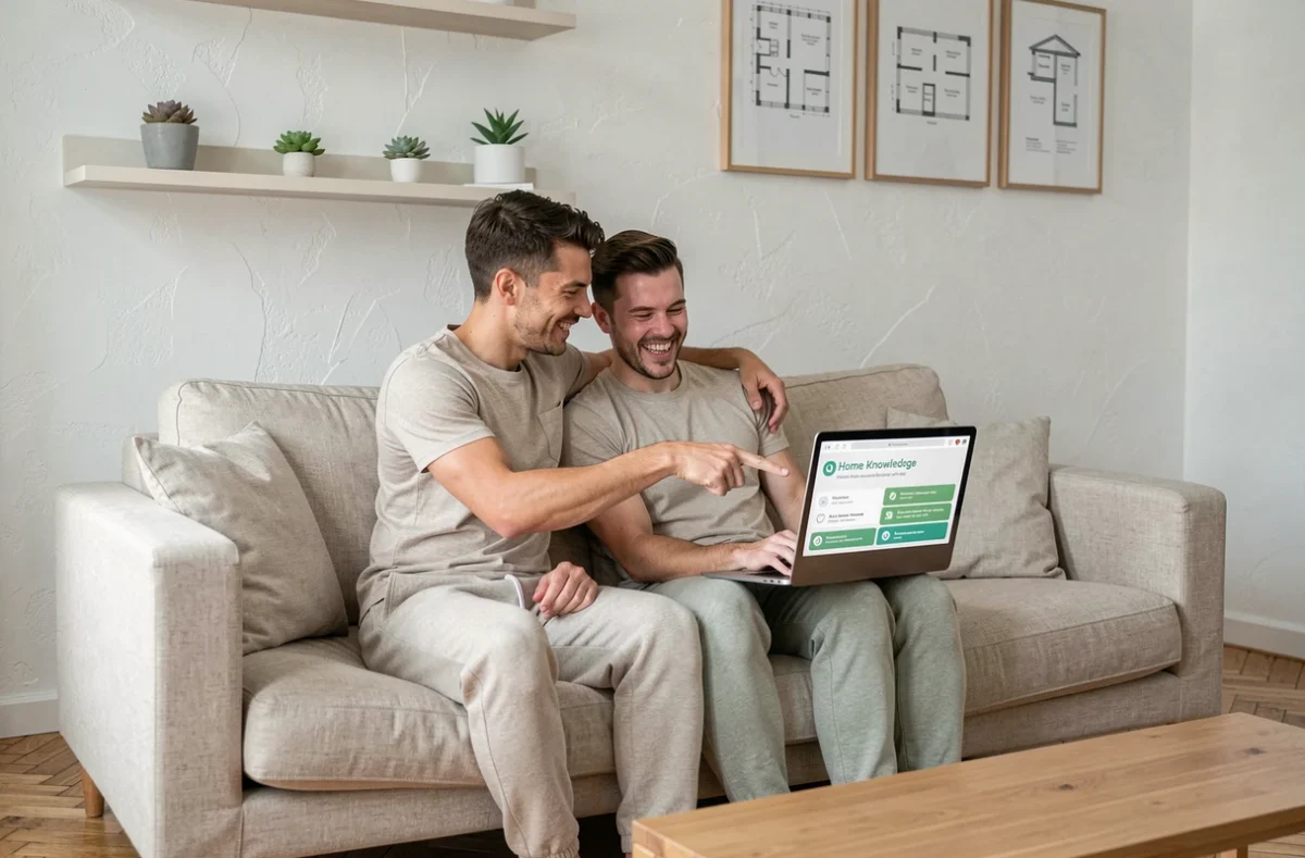 Couple jouant ensemble à un quiz sur la maison devant un ordinateur portable dans un bureau épuré