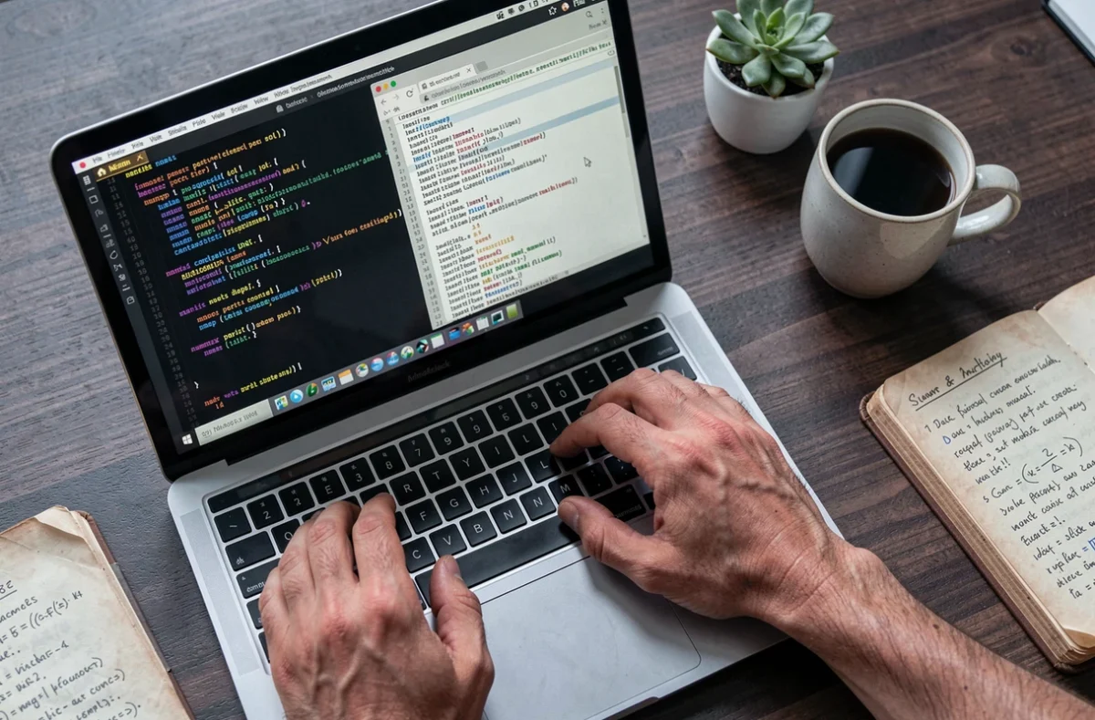 Vue aérienne des mains d'un développeur configurant des ports TCP et des paramètres DNS dans un terminal sur un bureau minimaliste en bois