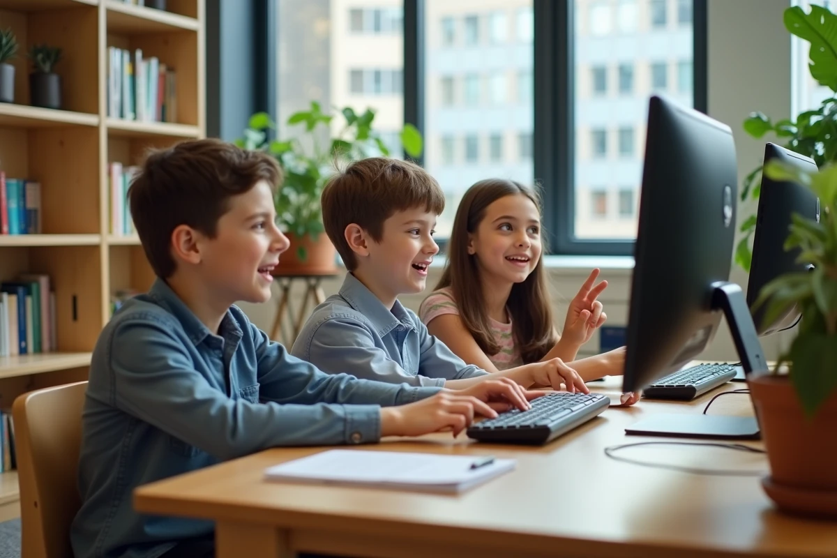 Groupe d'enfants découvrant ensemble du contenu éducatif sur un ordinateur dans une bibliothèque scolaire moderne
