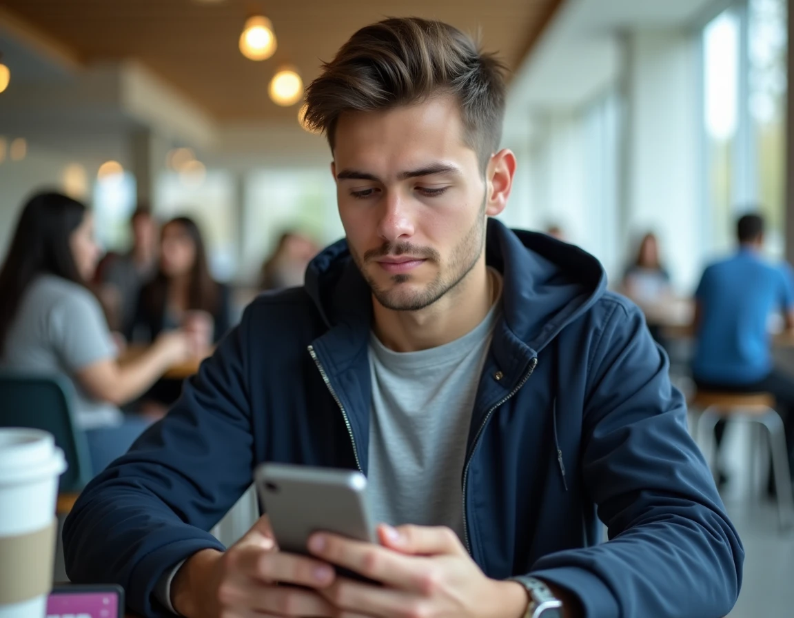 Étudiant masculin accédant à son espace santé Cristolink UPEC depuis un smartphone dans la cafétéria du campus