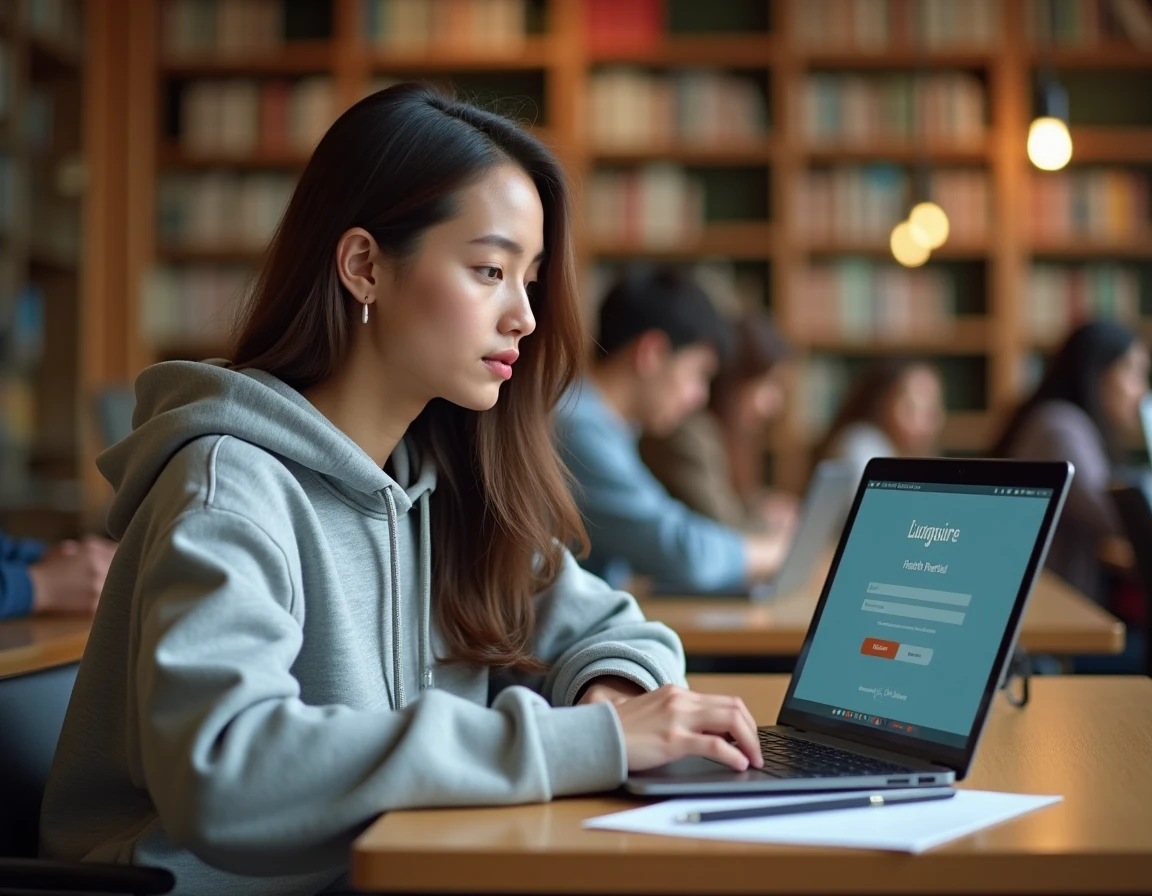 Étudiante connectée au portail santé Cristolink UPEC sur son ordinateur portable dans une bibliothèque universitaire