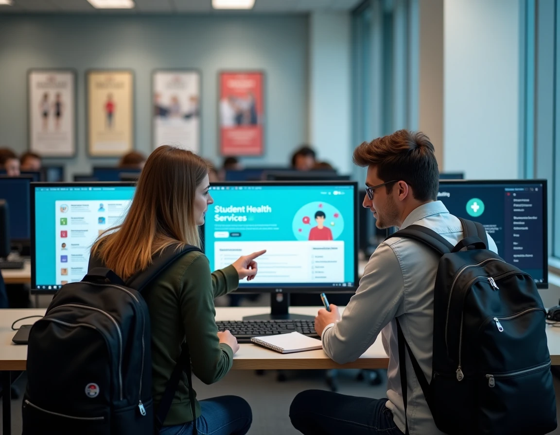 Deux étudiants consultant ensemble le portail Cristolink UPEC santé dans une salle informatique universitaire