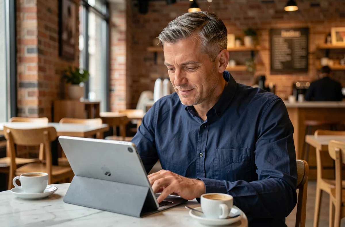 Homme consultant les rubriques du site Soupir sur une tablette dans un café moderne