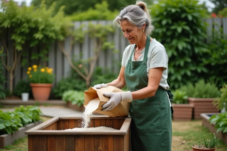 Femme versant de la farine périmée dans un composteur en bois au jardin