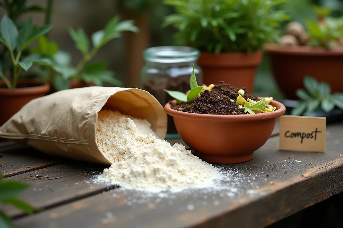 Farine périmée et déchets organiques prêts à être incorporés au compost sur un établi de jardin
