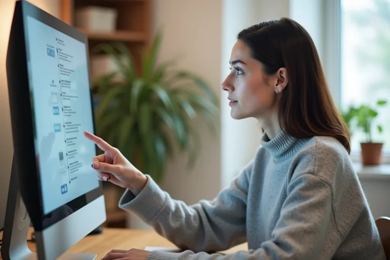 Femme consultant un plan de site web structuré sur un écran d'ordinateur dans un bureau moderne