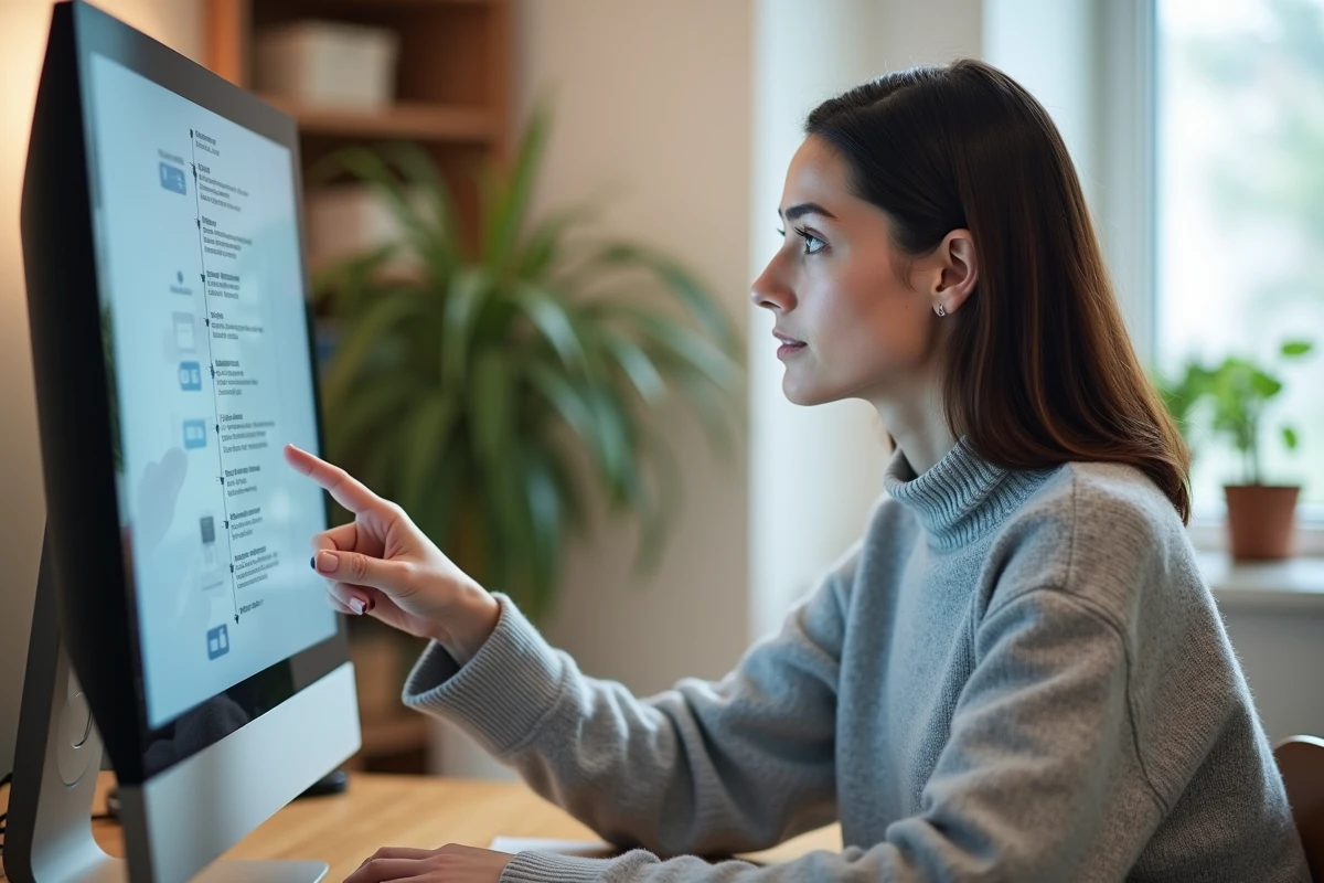Femme consultant un plan de site web structuré sur un écran d'ordinateur dans un bureau moderne