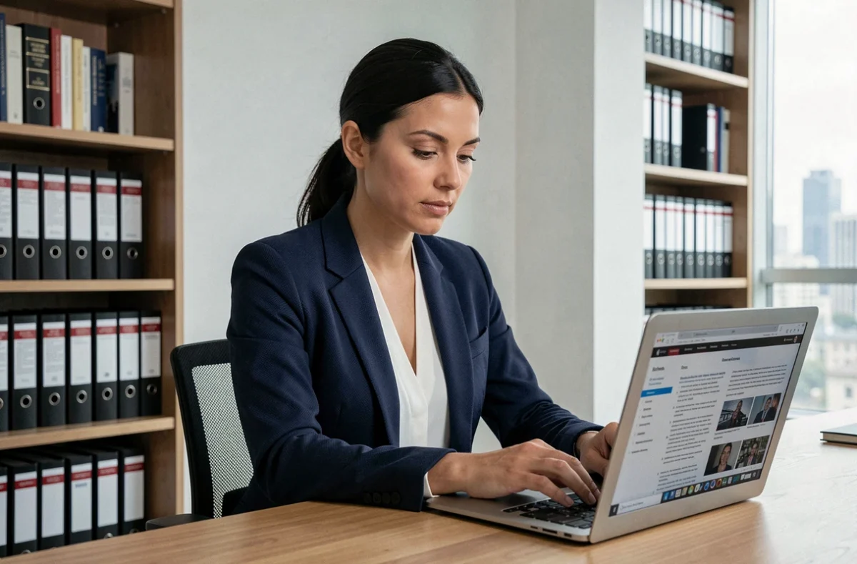Femme professionnelle en blazer marine révisant les mentions légales d'un site internet sur un ordinateur portable dans un bureau moderne