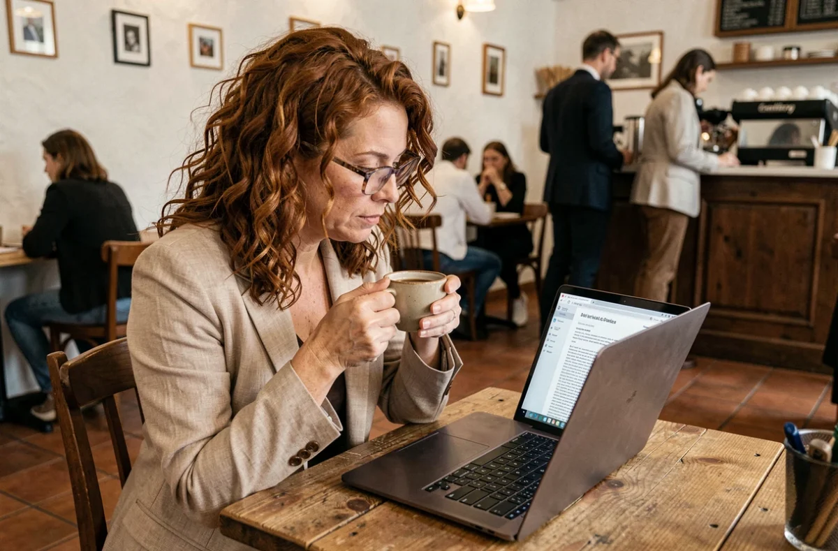 Femme lisant attentivement les mentions légales d'un site web sur un ordinateur portable dans un café indépendant