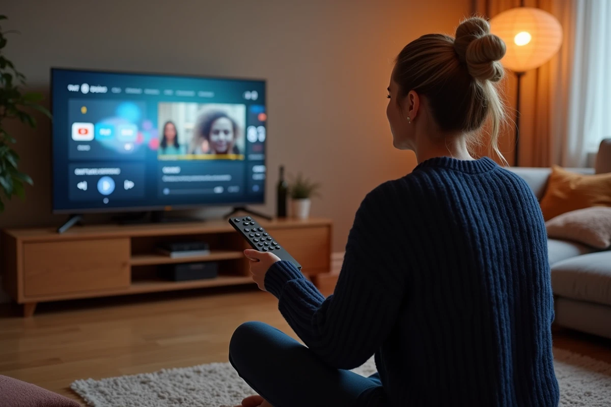 Femme naviguant dans le guide des chaînes TNT sur sa télévision connectée avec un Mi TV Stick