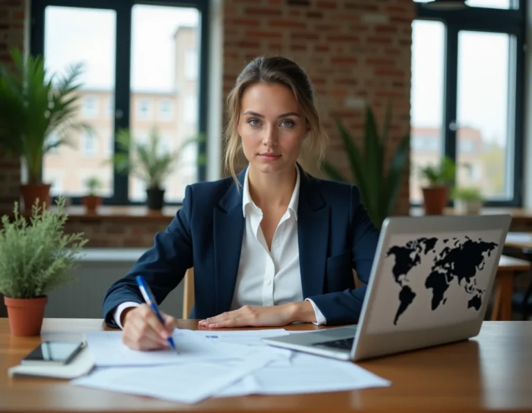 Femme professionnelle en blazer marine consultant des documents et une carte du monde sur laptop dans un espace de coworking moderne, préparant une expatriation professionnelle