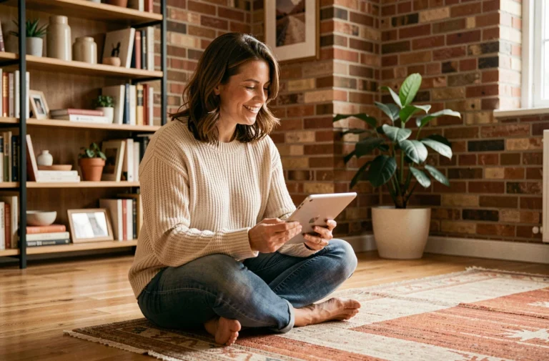 Femme jouant à un quiz sur la maison depuis sa tablette dans un salon chaleureux et moderne