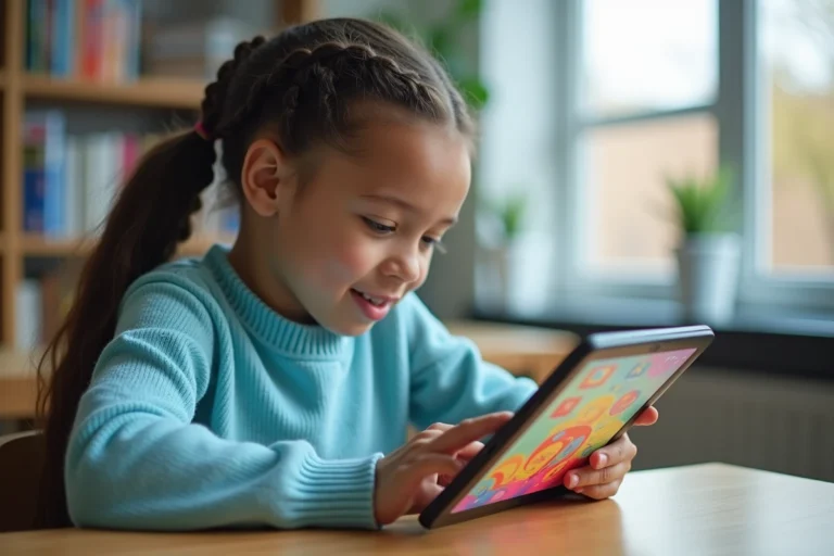 Fillette concentrée utilisant une tablette éducative colorée dans une salle de classe lumineuse et bien rangée