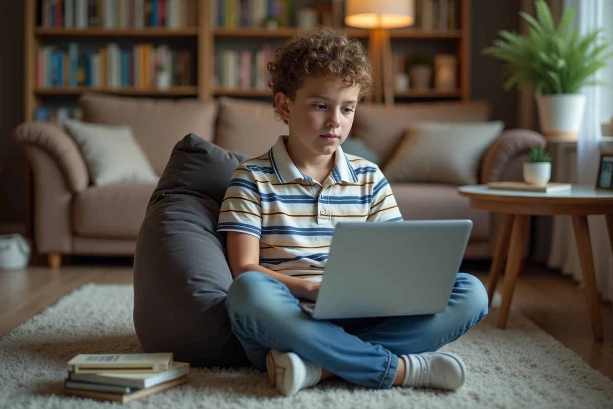 Garçon lisant des actualités éducatives sur un ordinateur portable installé confortablement dans un salon familial