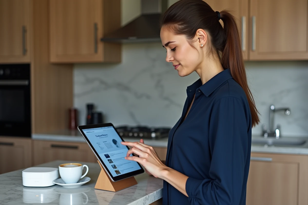 Femme gérant son abonnement Freebox et son forfait Free Mobile depuis une tablette posée dans une cuisine moderne avec un routeur Freebox visible