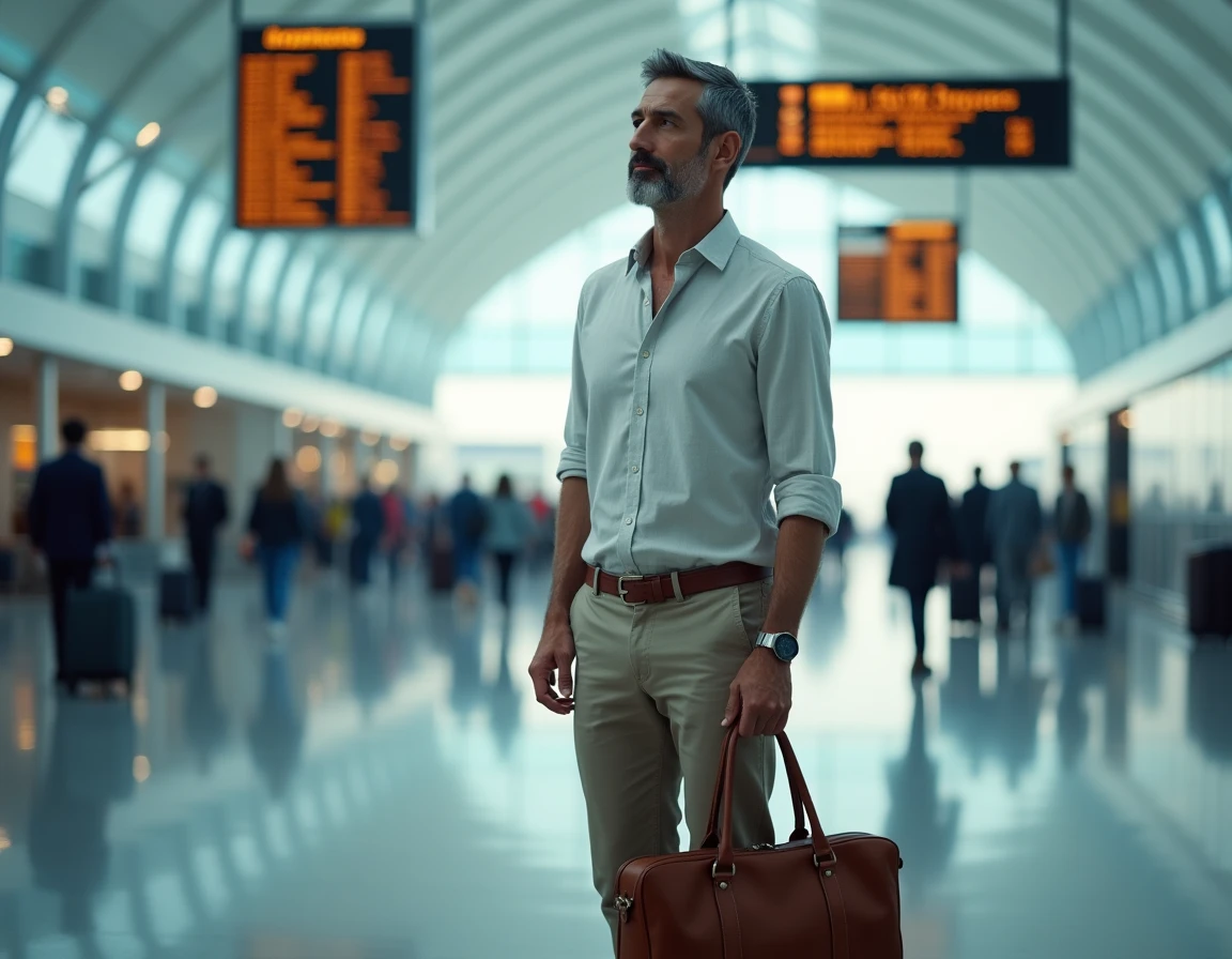Homme d'affaires en chemise en lin dans un terminal d'aéroport international consultant les tableaux des départs, symbolisant la mobilité professionnelle et l'expatriation