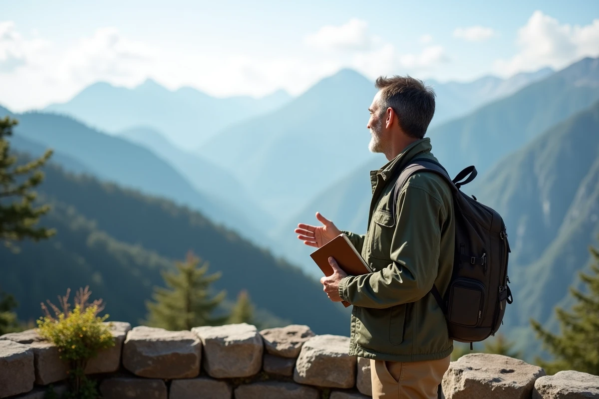 Homme contemplant un paysage de montagne lors d