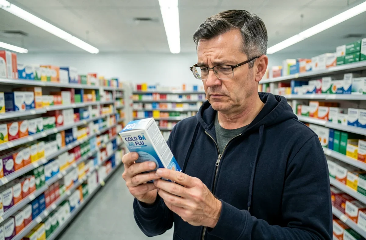 Homme en pharmacie lisant une boîte de médicament contre le rhume et le Covid, variant 2026