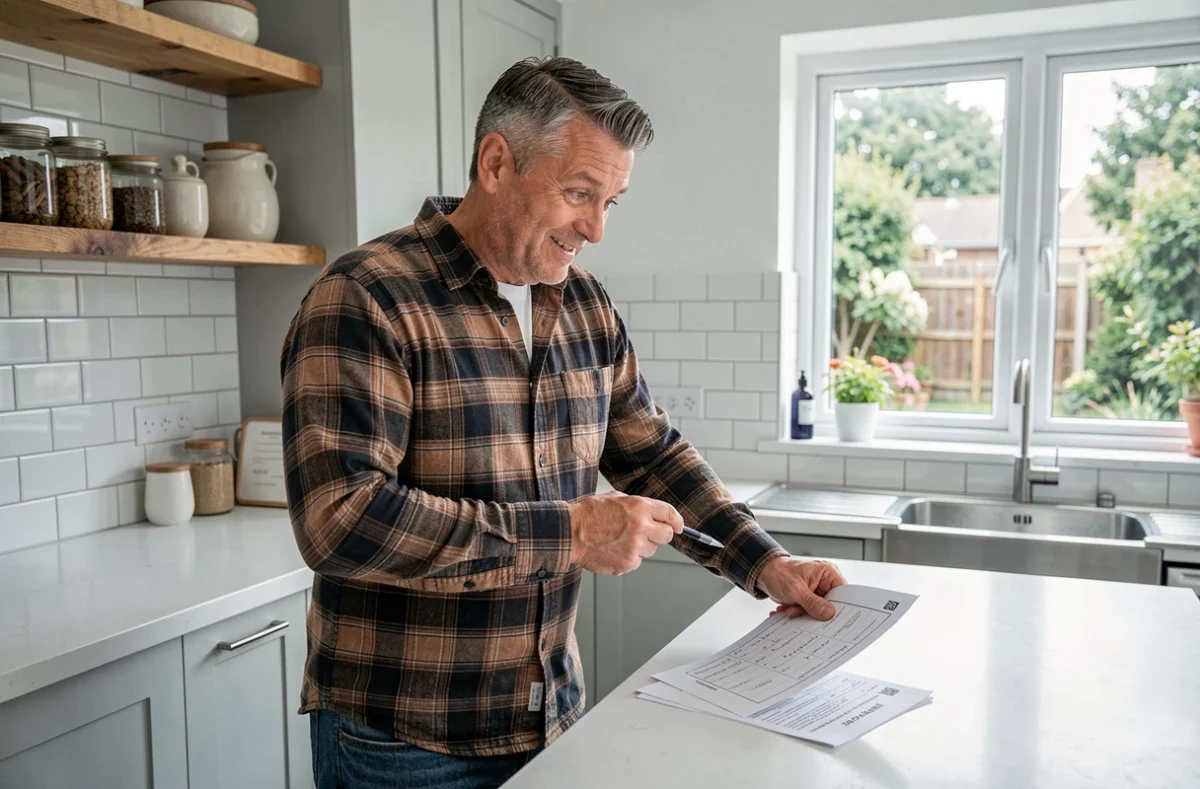 Homme répondant à un quiz sur la maison dans une cuisine moderne avec plan de travail en bois