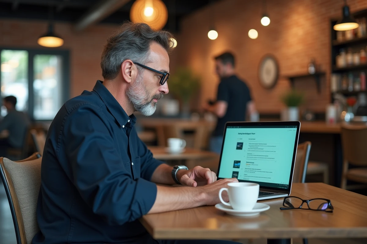 Homme travaillant sur un sitemap de site web depuis un café urbain avec son ordinateur portable