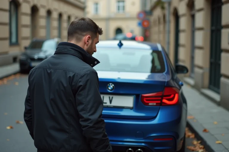 Homme regardant la plaque d'immatriculation d'une voiture bleue