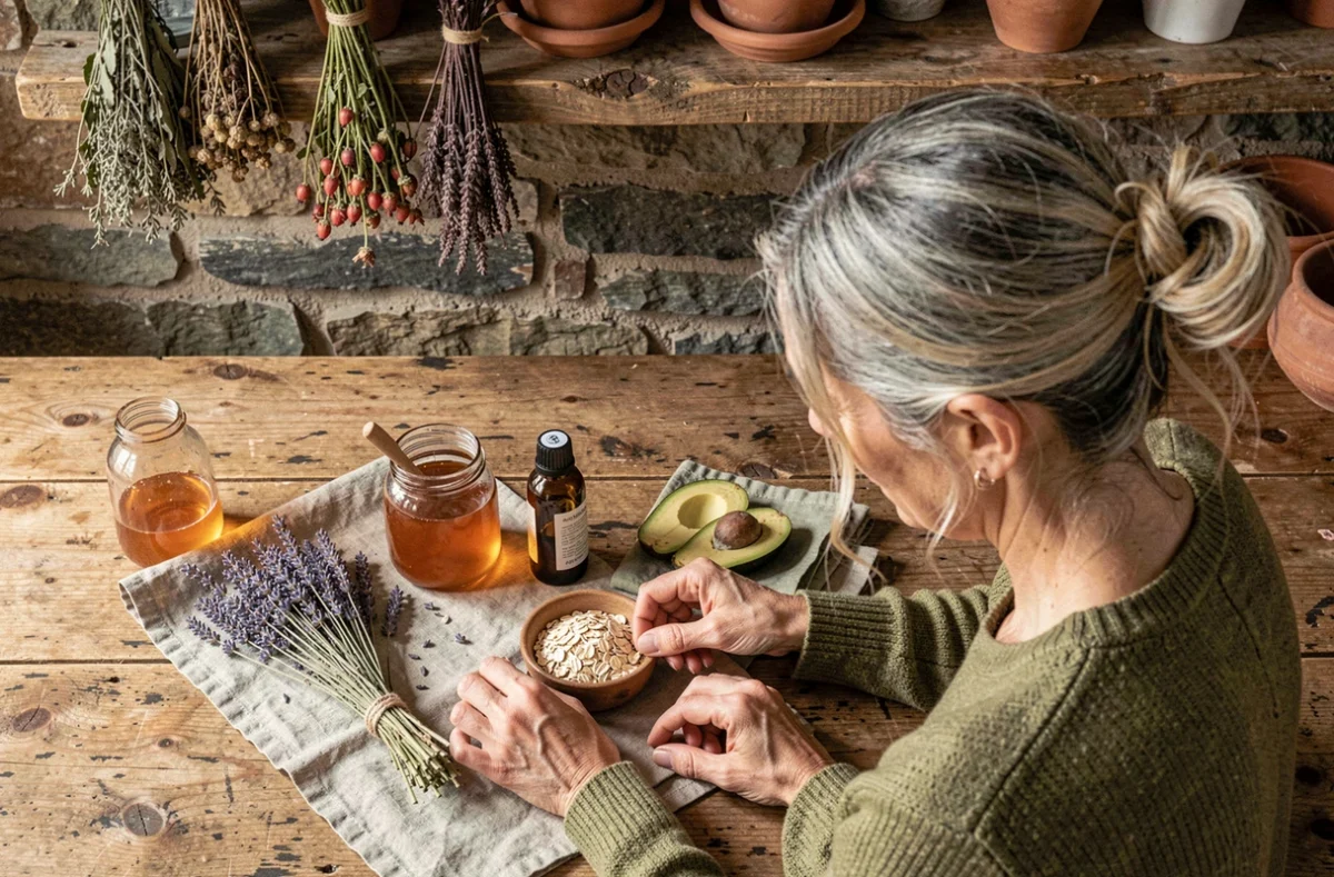 Vue aérienne d'une femme préparant des ingrédients naturels pour ses soins beauté maison sur une table en bois rustique dans une cuisine authentique