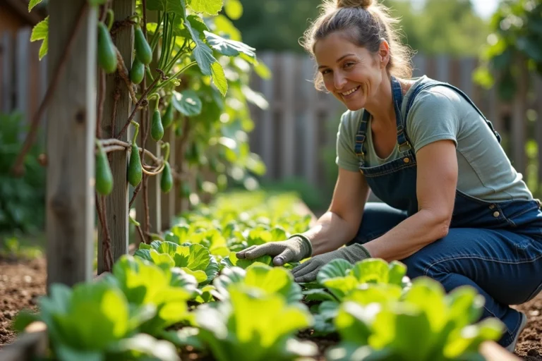 Femme jardinière s'occupant de concombres sur treille et de salades en association dans un potager surélevé