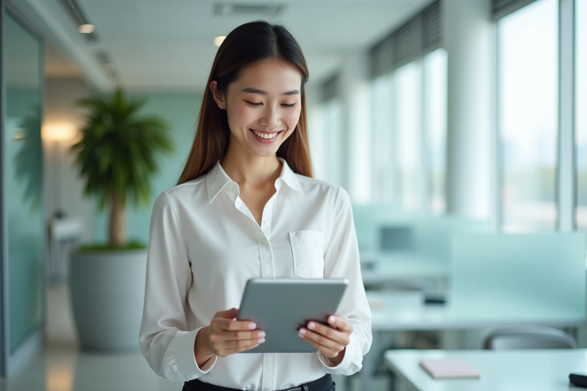 Jeune femme naviguant sur une page sitemap depuis une tablette dans un bureau en open space