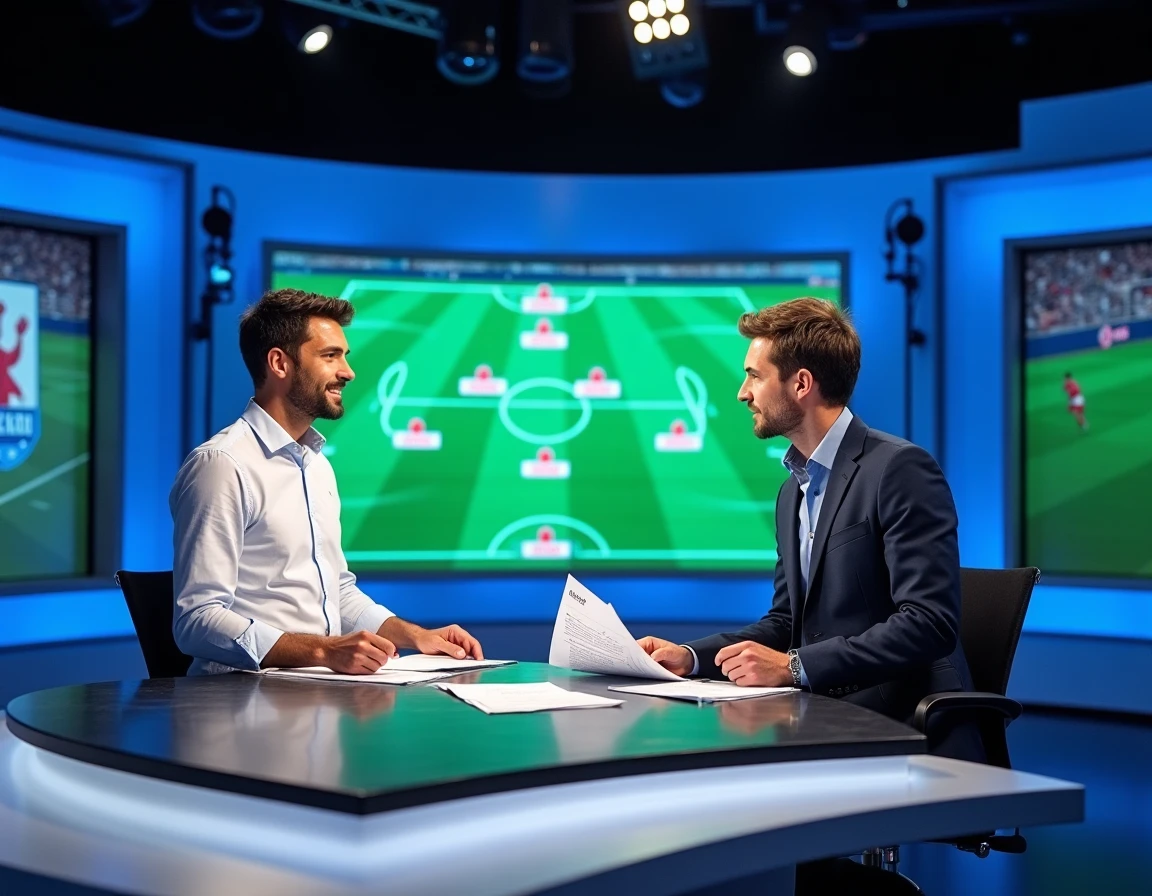 Journalistes sportifs français analysant l'actualité du football en plateau télévisé dans un studio moderne