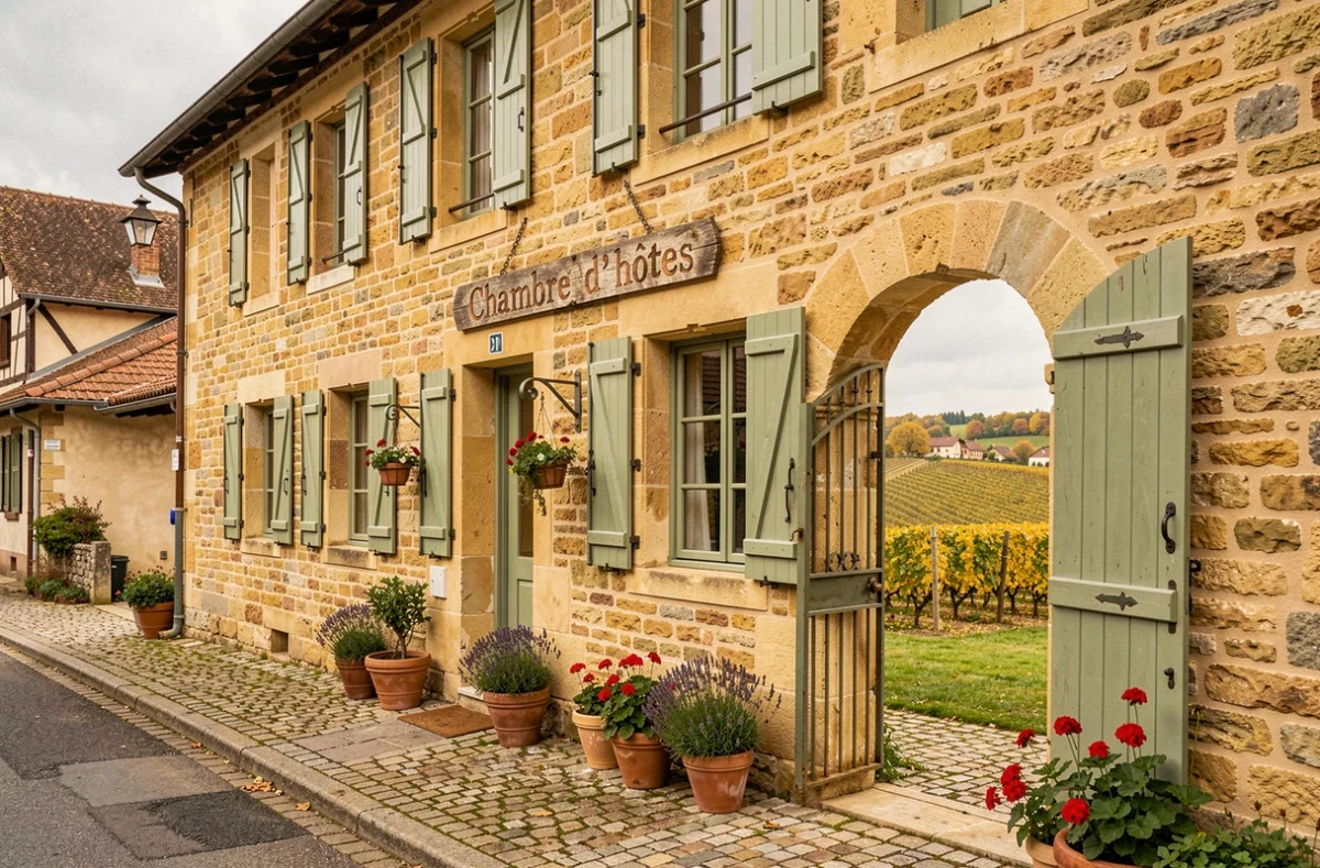 Façade en pierre d'une maison de charme à Gevrey-Chambertin avec volets verts et cour pavée en Bourgogne