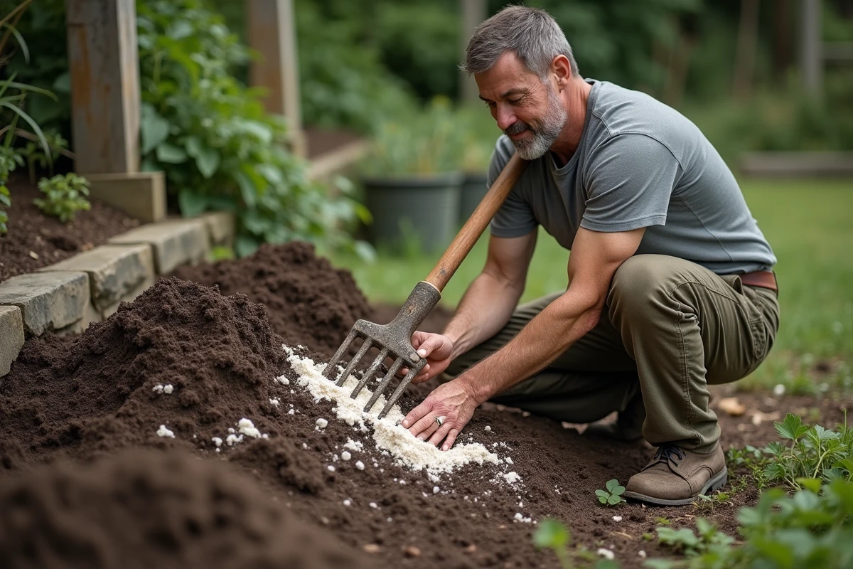 Jardinier mélangeant de la farine périmée dans un tas de compost en plein air