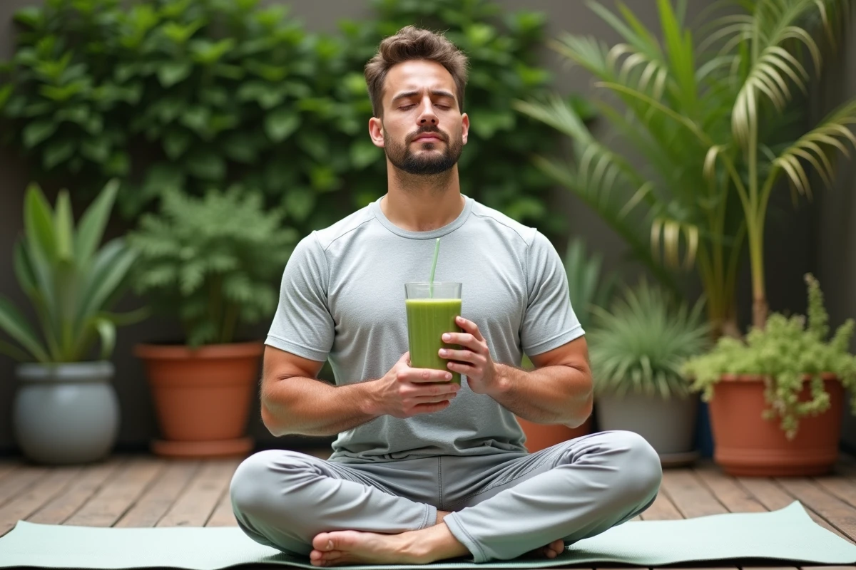 Homme en pleine conscience buvant un smoothie vert pour prendre soin de son pancréas au quotidien