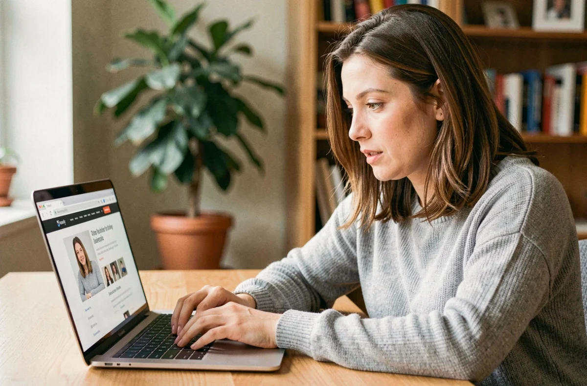 Femme naviguant sur le site internet Soupir depuis un bureau en bois dans un bureau à domicile chaleureux