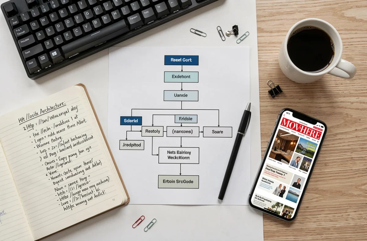 Vue aérienne d'un bureau avec un organigramme imprimé de l'architecture d'un site web de magazine entouré d'outils de travail numériques